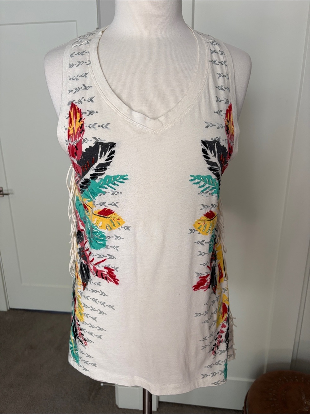 Double D Ranch  Ivory beaded & Embroidered Feather Tank Top - with side fringe.